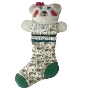 Vintage Homemade Christmas Stocking White Teddy Bear  Red Green Polka Dot Lace